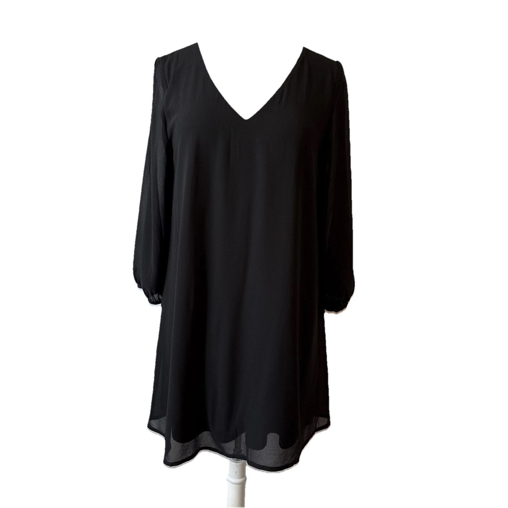 Lulus Sheer Split 3/4 Sleeve Chiffon Shift Black‎ Dress Womens M Boho Whimisgoth